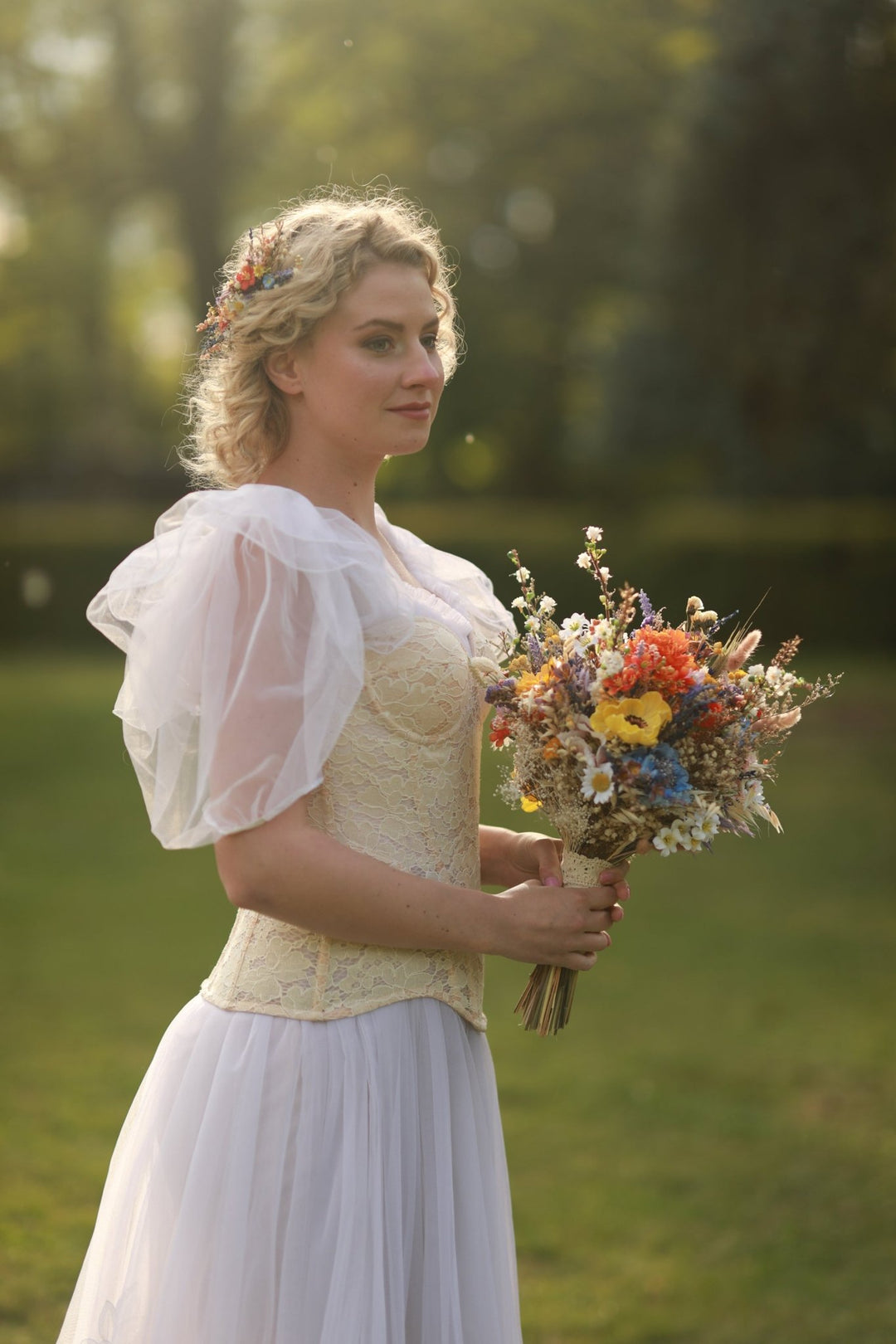 Colorful Wildflower Bridal Hair Comb with Orange, Blue and Purple Meadow Blooms – handmade floral hair accessory by magaela
