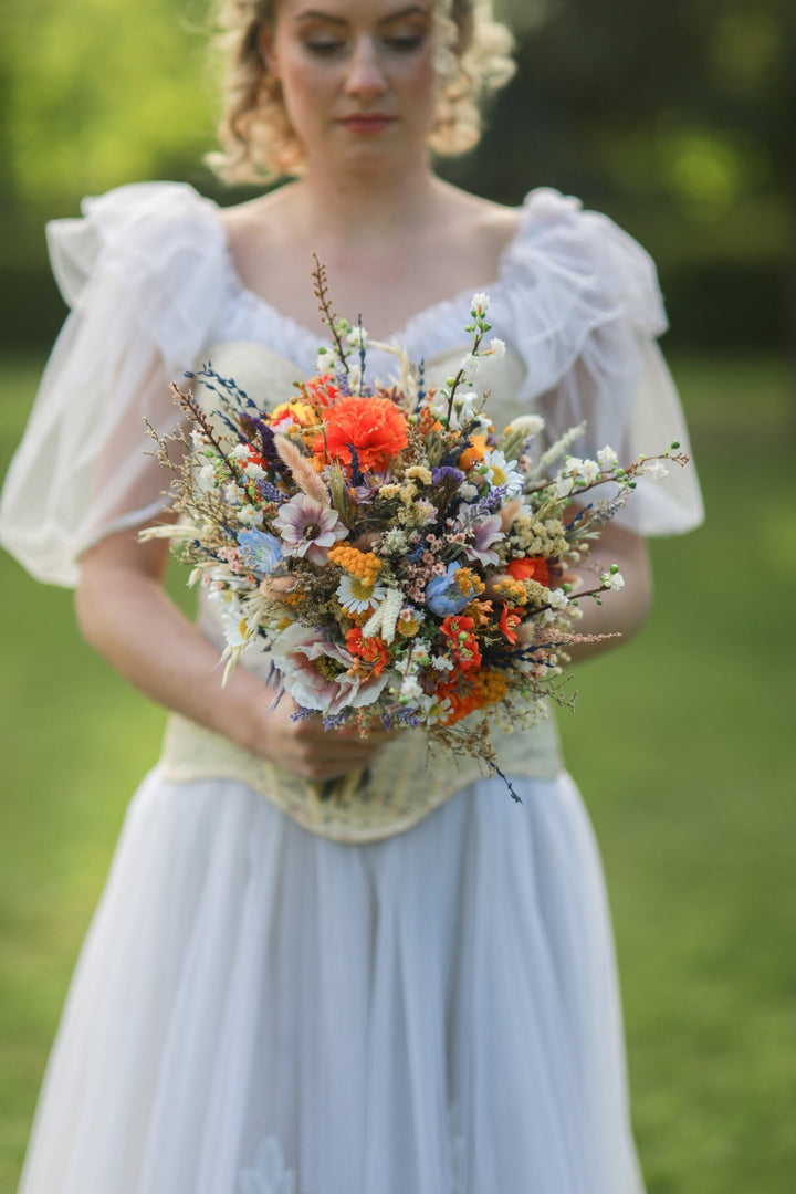 Vibrant Meadow Bridal Bouquet with Carnations, Iris and Wildflowers – handmade floral hair accessory by magaela