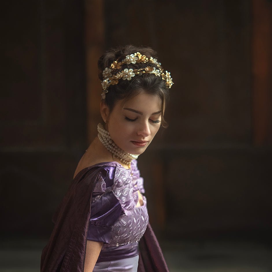 Gold and Pearl Glamour Headband – Luxury Bridal Hair Accessory with Cherry Blossoms, Pearls and Strass – handmade floral hair accessory by magaela