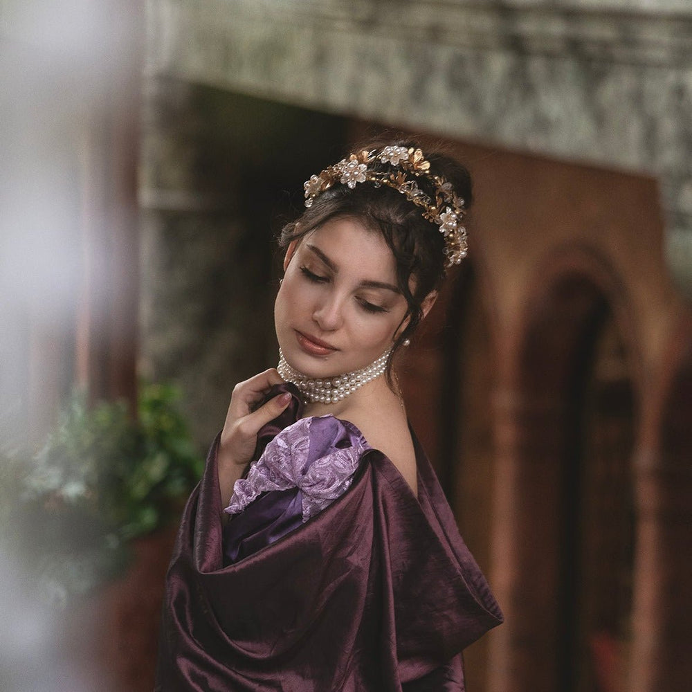 Gold and Pearl Glamour Headband – Luxury Bridal Hair Accessory with Cherry Blossoms, Pearls and Strass – handmade floral hair accessory by magaela