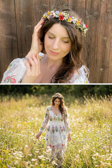 Boho Flower Crown with Veil: Romantic Meadow Bridal Headpiece – magaela