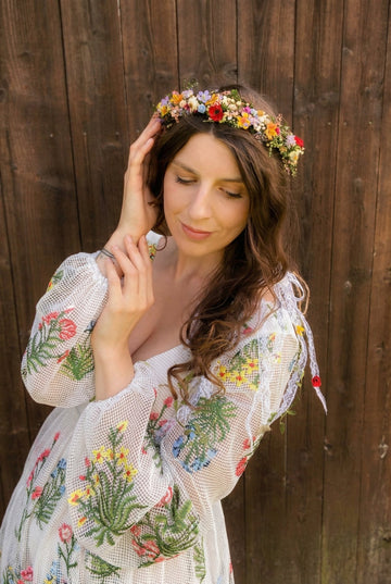 fashion flower crown rustic dress Dried Flower Crown with Pink Larkspur, Tansey, Ammobium, Tansy and  Wildflowers main image 0