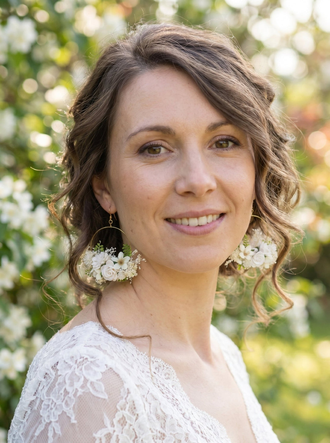 White Flower Circle Bridal Earrings: Wedding Jewelry – handmade floral hair accessory by magaela