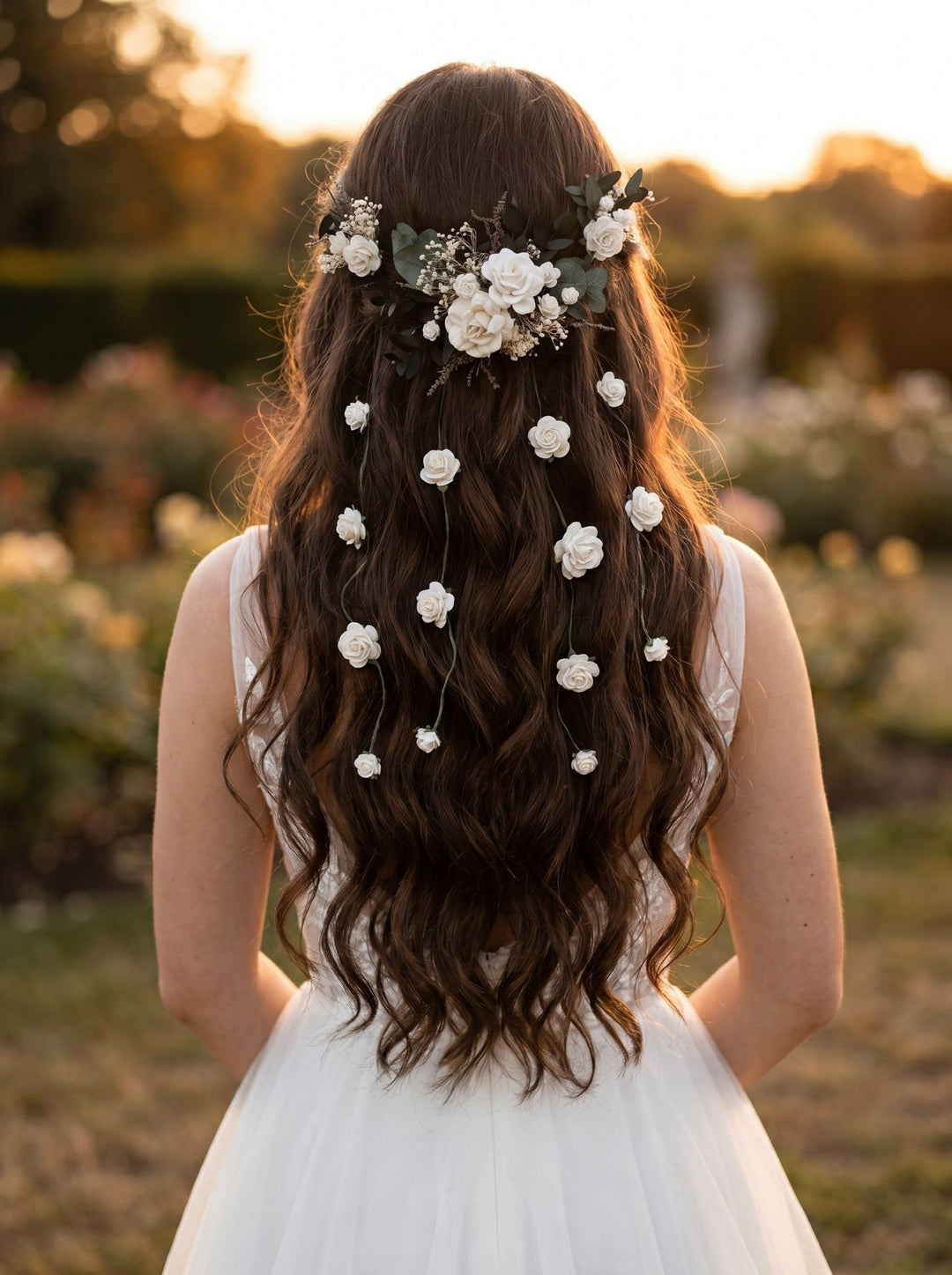 Greenery Bridal Hair Vine: White Roses & Eucalyptus Wedding Accessory – handmade floral hair accessory by magaela