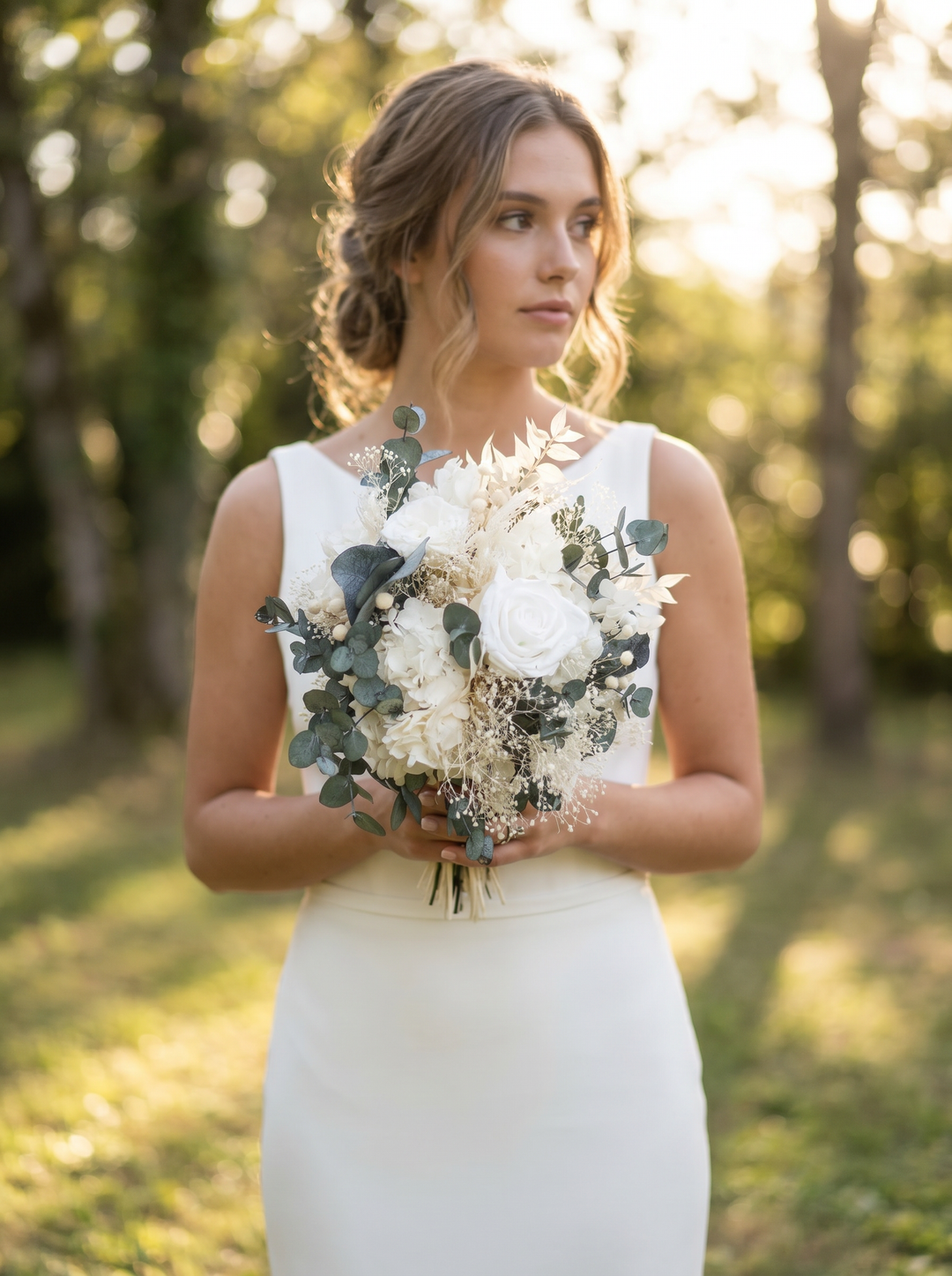 A woman outdoors in a sunlit wooded setting, wearing a sleeveless white wedding dress and holding a bouquet of white flowers and green foliage.