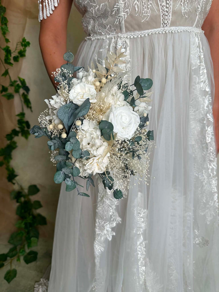 A close-up of a person wearing a white lace and tulle wedding dress while holding a bouquet of white flowers, green eucalyptus leaves, and small pearl-like accents.