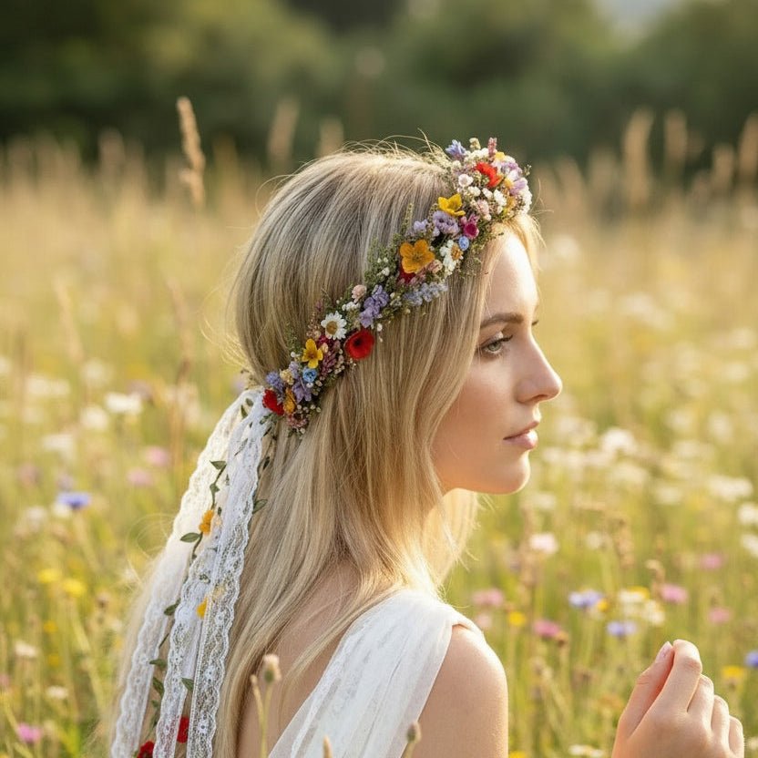 Boho Flower Crown with Veil: Romantic Meadow Bridal Headpiece – handmade floral hair accessory by magaela