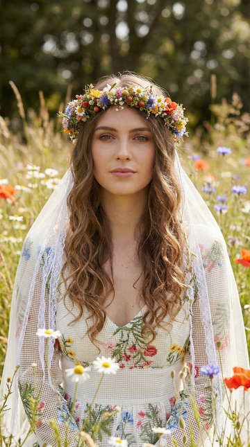 Boho Flower Crown with Veil: Romantic Meadow Bridal Headpiece