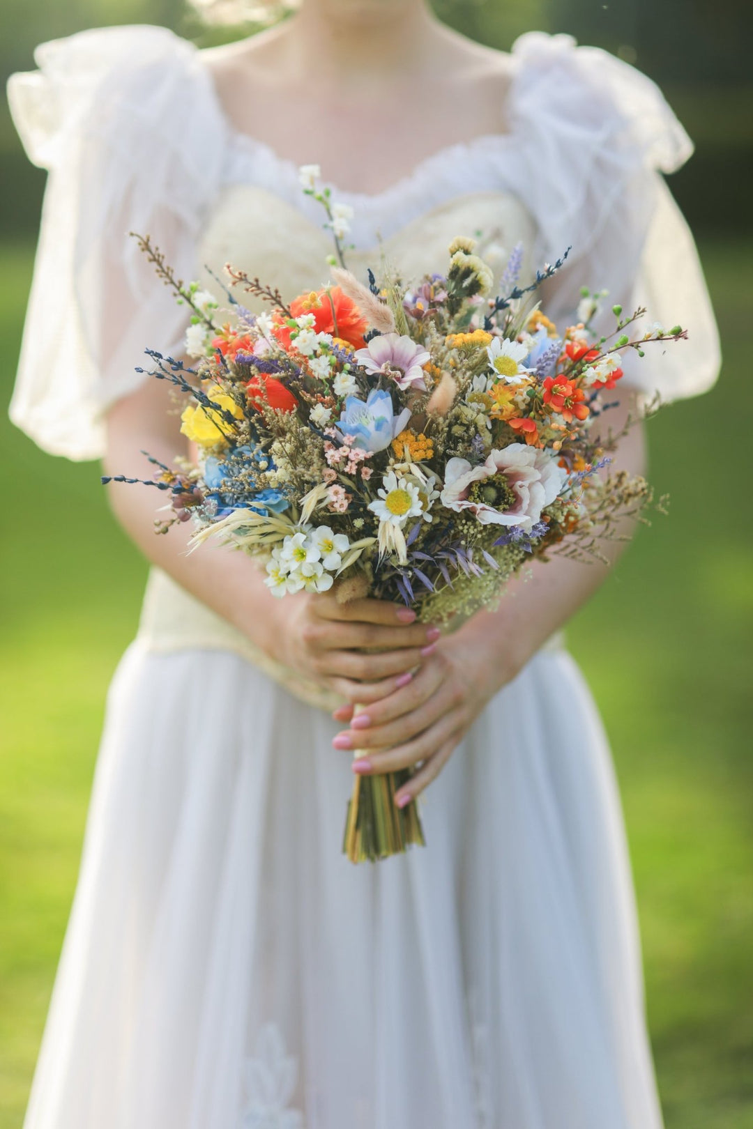 Vibrant Meadow Bridal Bouquet with Carnations, Iris and Wildflowers – handmade floral hair accessory by magaela