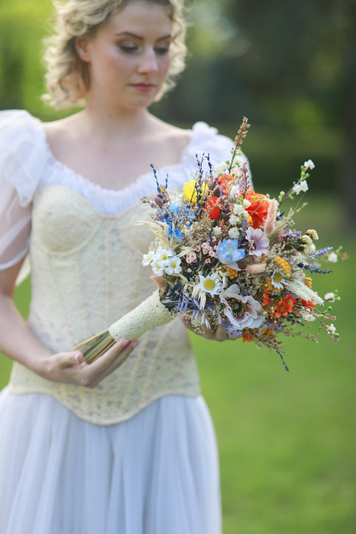Vibrant Meadow Bridal Bouquet with Carnations, Iris and Wildflowers – handmade floral hair accessory by magaela