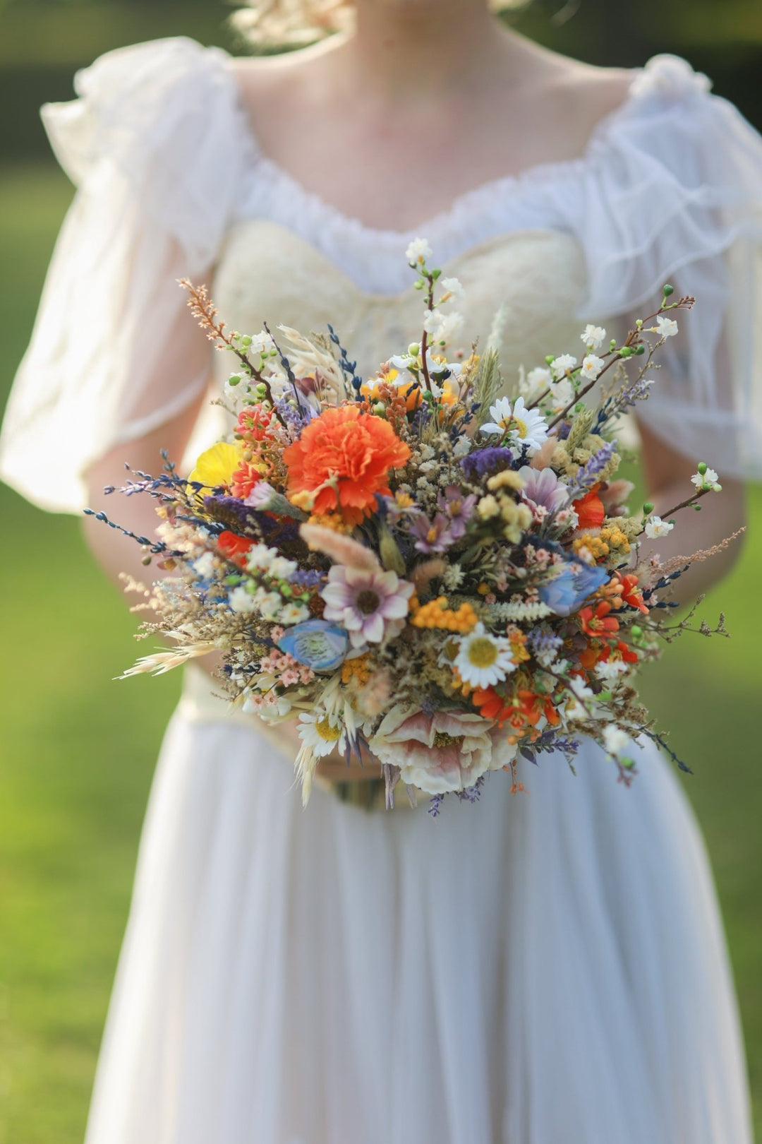 Vibrant Meadow Bridal Bouquet with Carnations, Iris and Wildflowers – handmade floral hair accessory by magaela