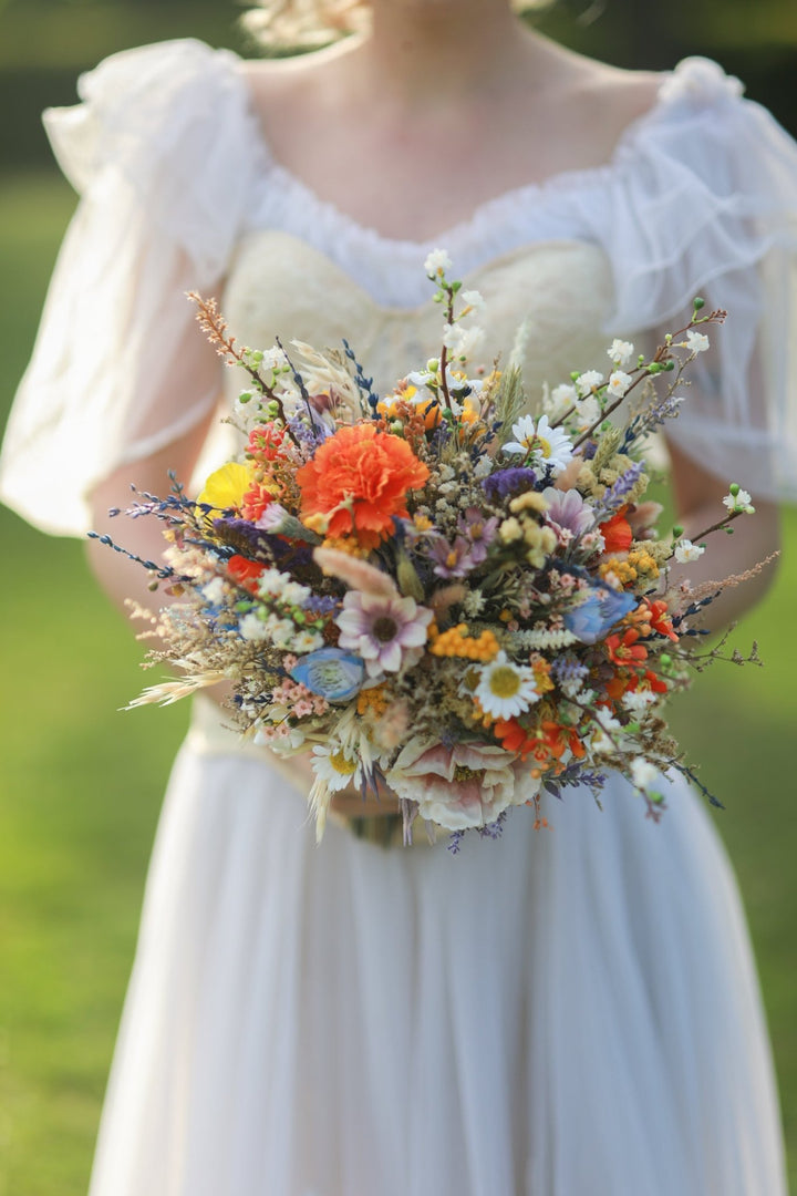 Vibrant Meadow Bridal Bouquet with Carnations, Iris and Wildflowers – handmade floral hair accessory by magaela