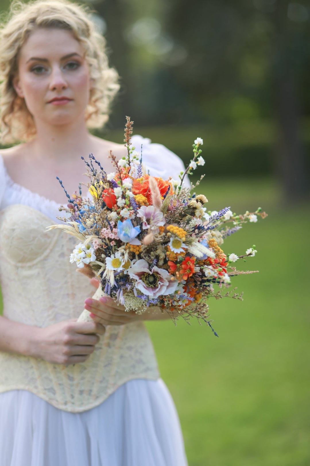 Vibrant Meadow Bridal Bouquet with Carnations, Iris and Wildflowers – handmade floral hair accessory by magaela