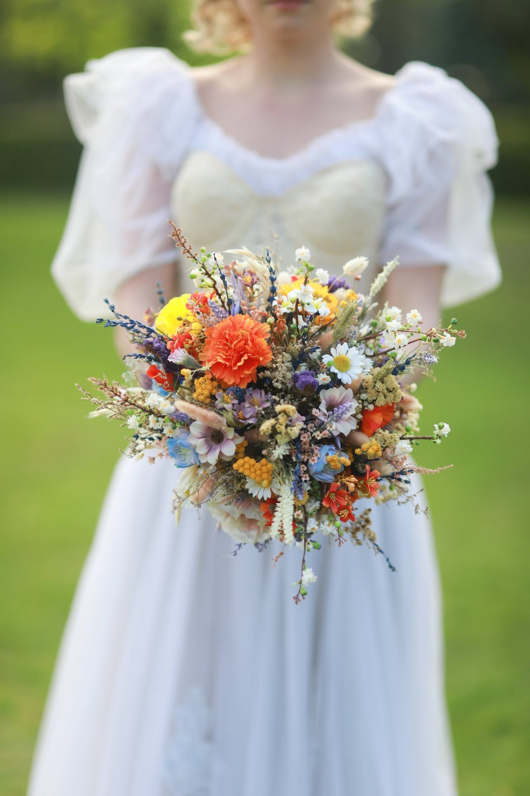 Vibrant Meadow Bridal Bouquet with Carnations, Iris and Wildflowers – handmade floral hair accessory by magaela