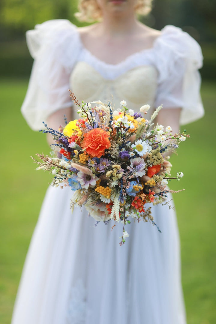 Vibrant Meadow Bridal Bouquet with Carnations, Iris and Wildflowers – handmade floral hair accessory by magaela