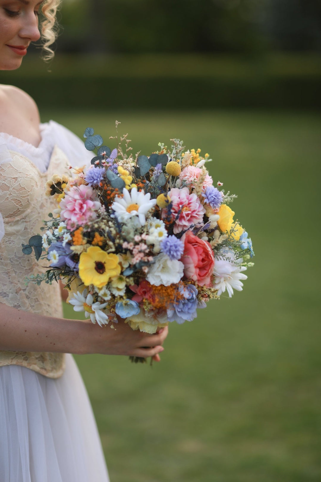 Wildflower Bridal Bouquet: Colorful Meadow Wedding Flowers – handmade floral hair accessory by magaela