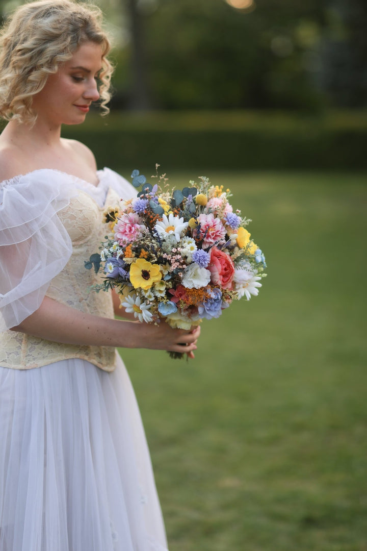 Wildflower Bridal Bouquet: Colorful Meadow Wedding Flowers – handmade floral hair accessory by magaela