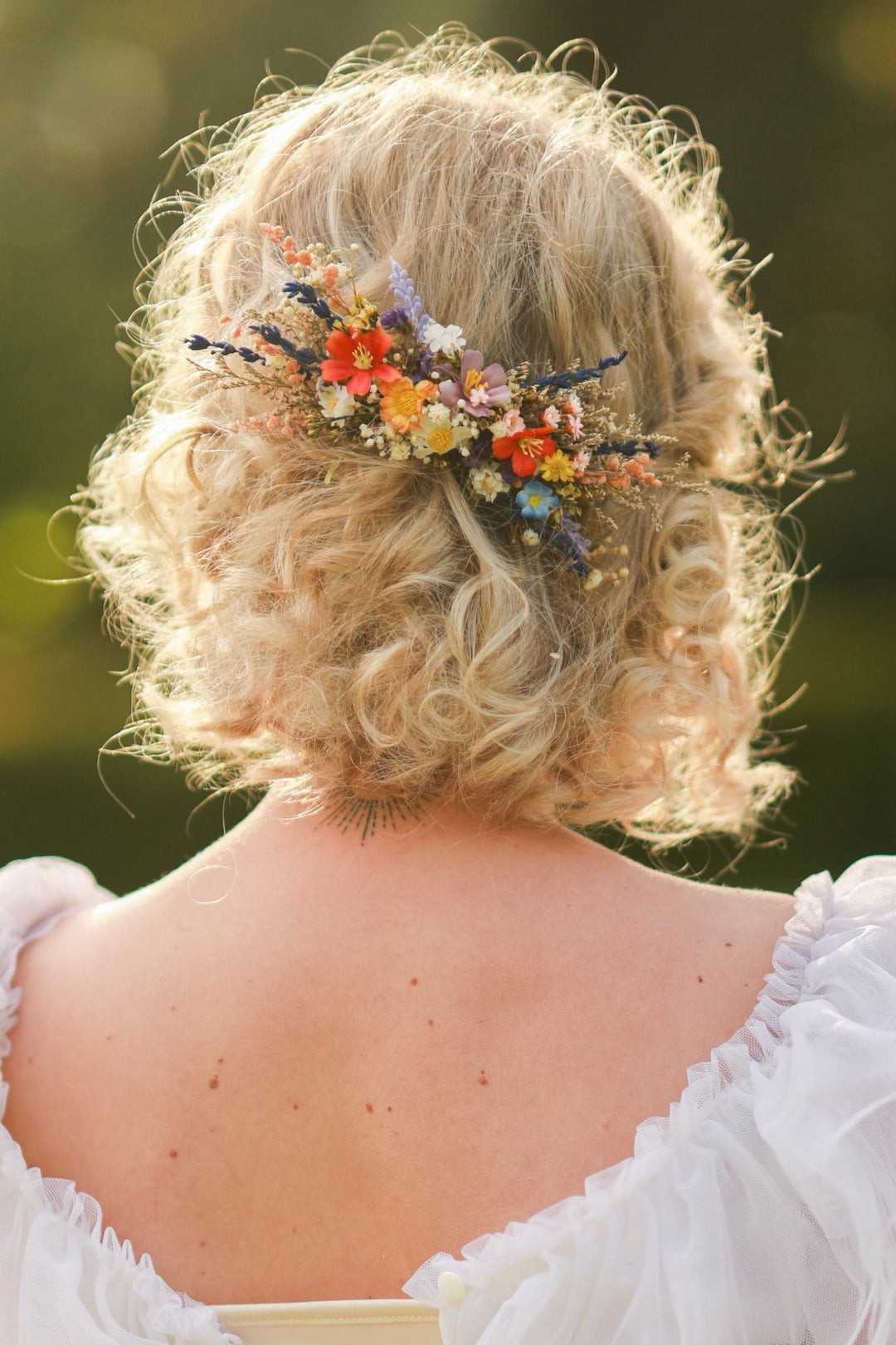 Colorful Wildflower Bridal Hair Comb with Orange, Blue and Purple Meadow Blooms – handmade floral hair accessory by magaela