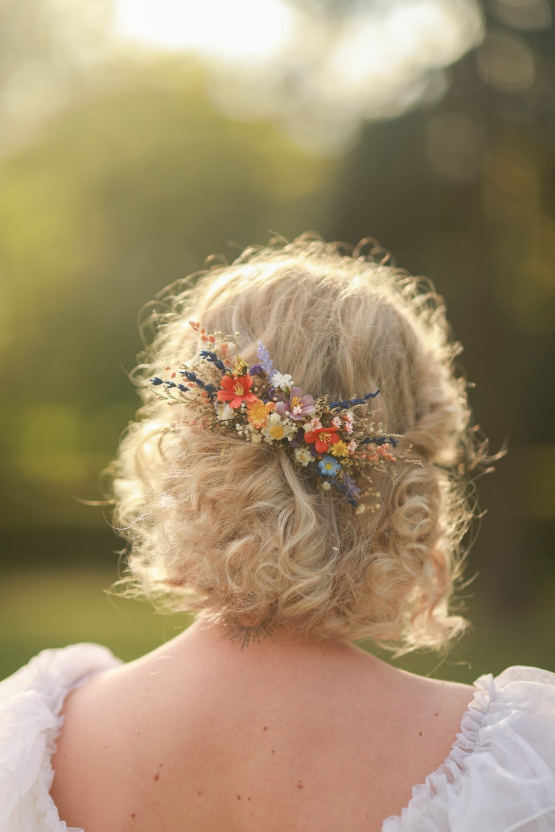 Colorful Wildflower Bridal Hair Comb with Orange, Blue and Purple Meadow Blooms – handmade floral hair accessory by magaela