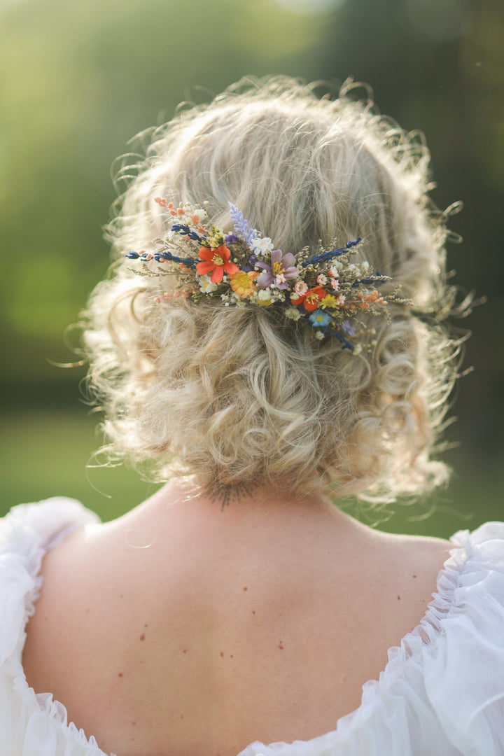 Colorful Wildflower Bridal Hair Comb with Orange, Blue and Purple Meadow Blooms – handmade floral hair accessory by magaela