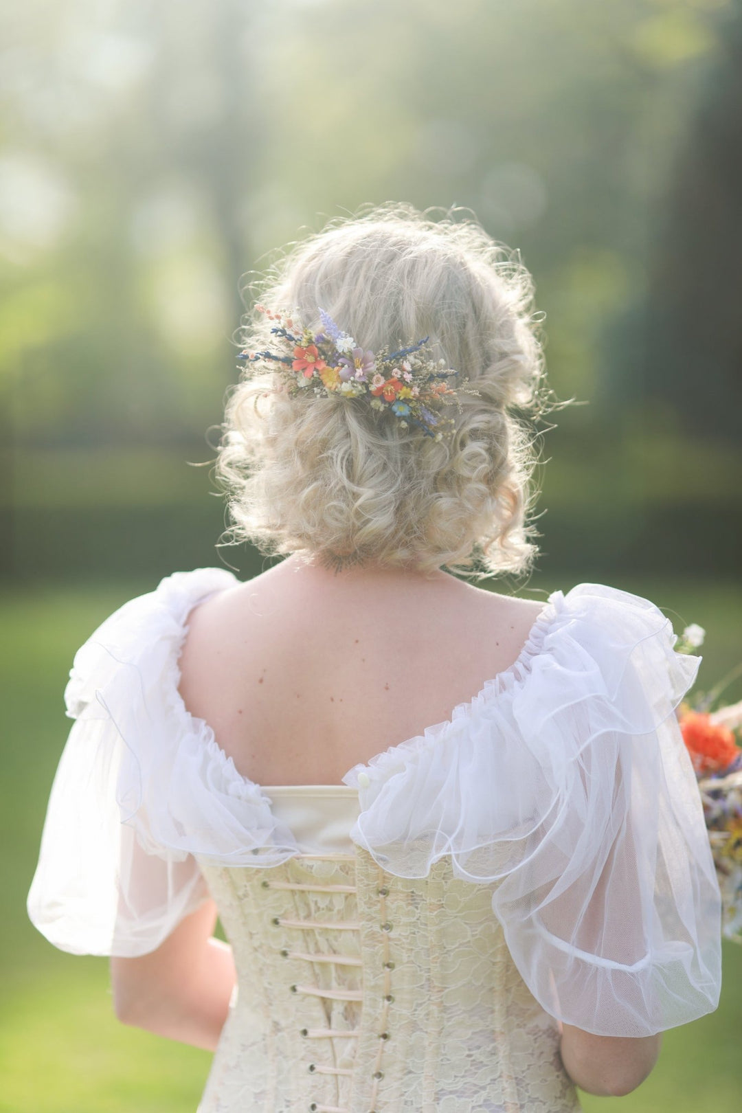 Colorful Wildflower Bridal Hair Comb with Orange, Blue and Purple Meadow Blooms – handmade floral hair accessory by magaela
