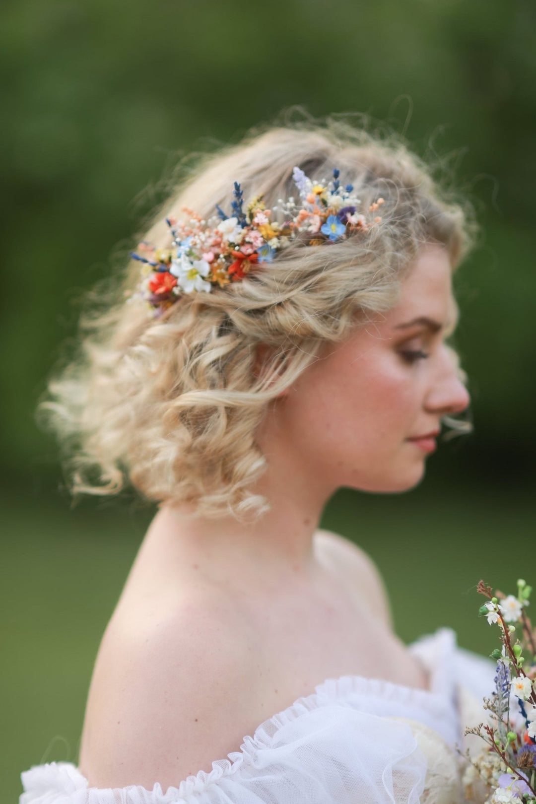 Colorful Wildflower Bridal Hair Pins with Orange, Blue and Purple Meadow Blooms – handmade floral hair accessory by magaela