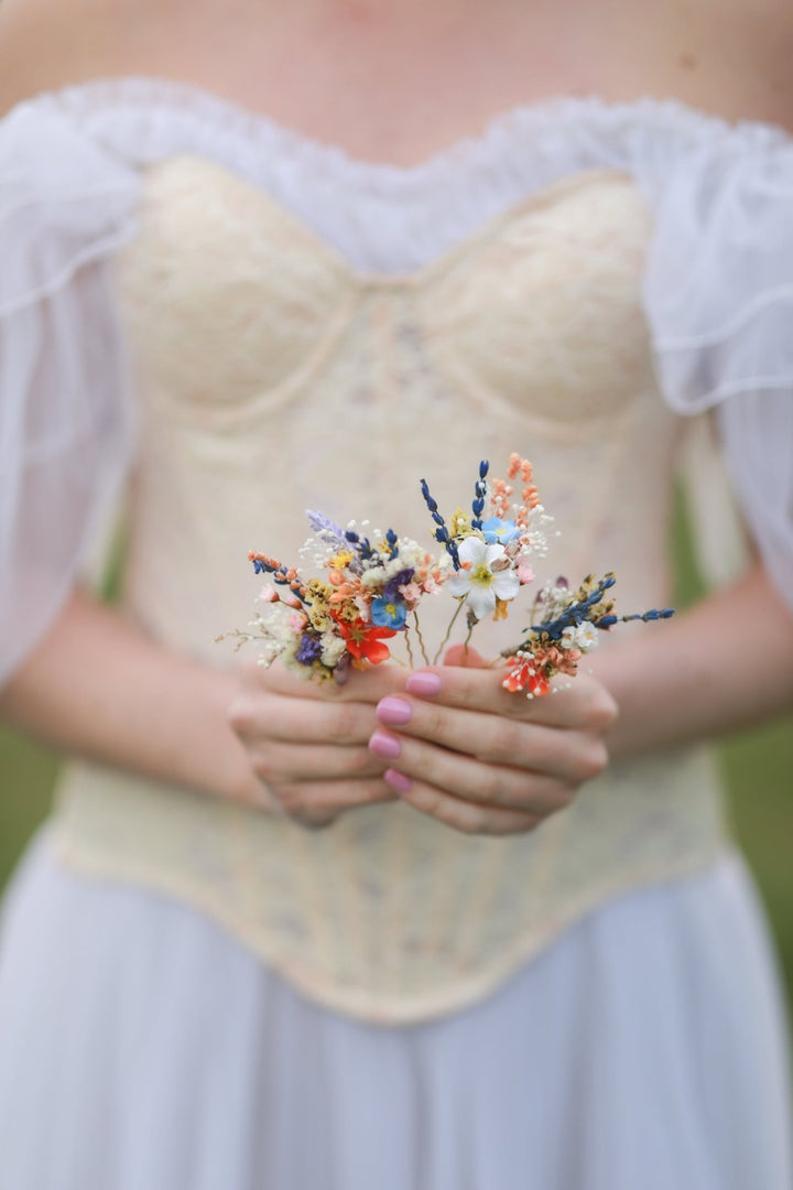Colorful Wildflower Bridal Hair Pins with Orange, Blue and Purple Meadow Blooms – handmade floral hair accessory by magaela