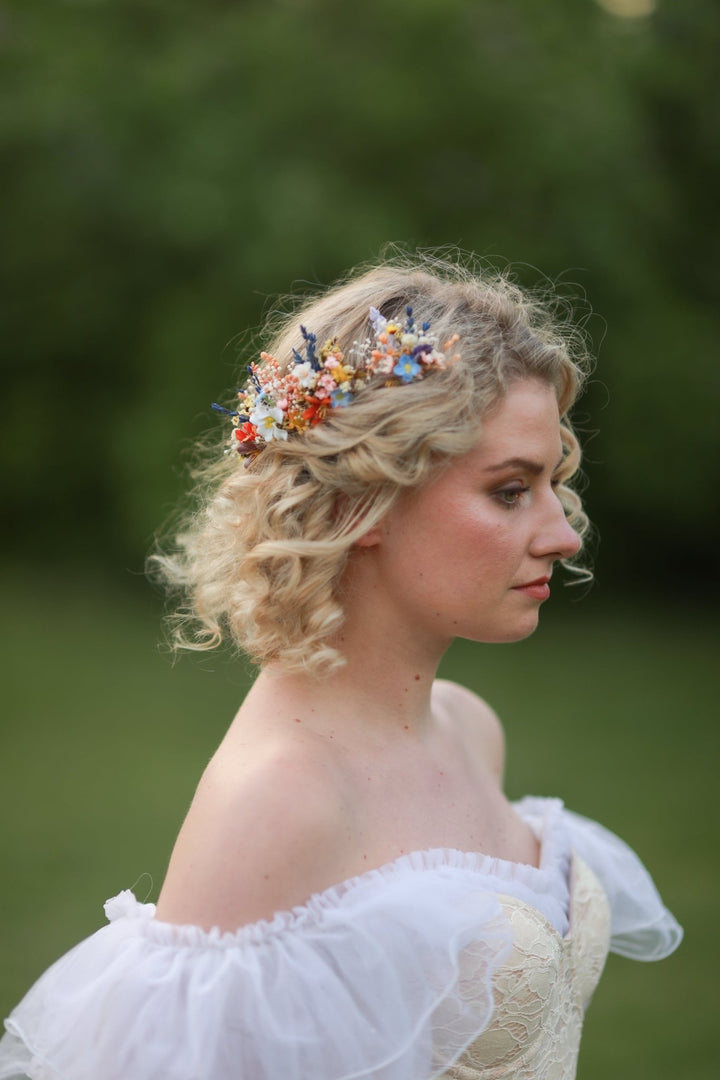 Colorful Wildflower Bridal Hair Pins with Orange, Blue and Purple Meadow Blooms – handmade floral hair accessory by magaela