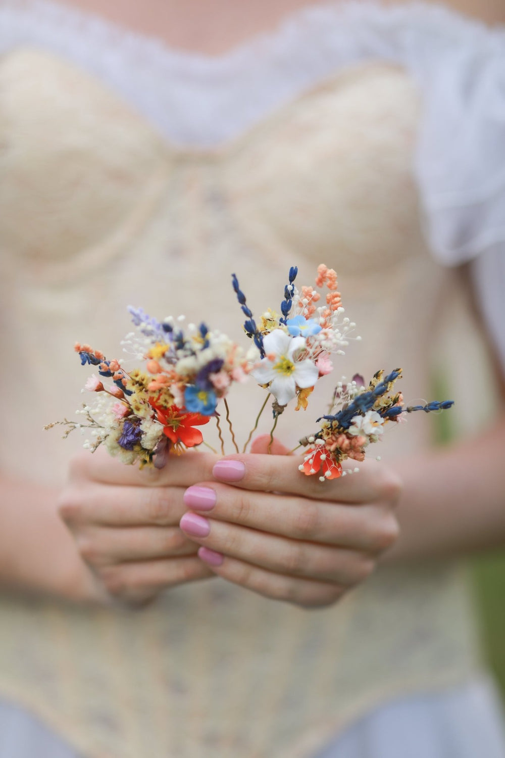 Colorful Wildflower Bridal Hair Pins with Orange, Blue and Purple Meadow Blooms – handmade floral hair accessory by magaela
