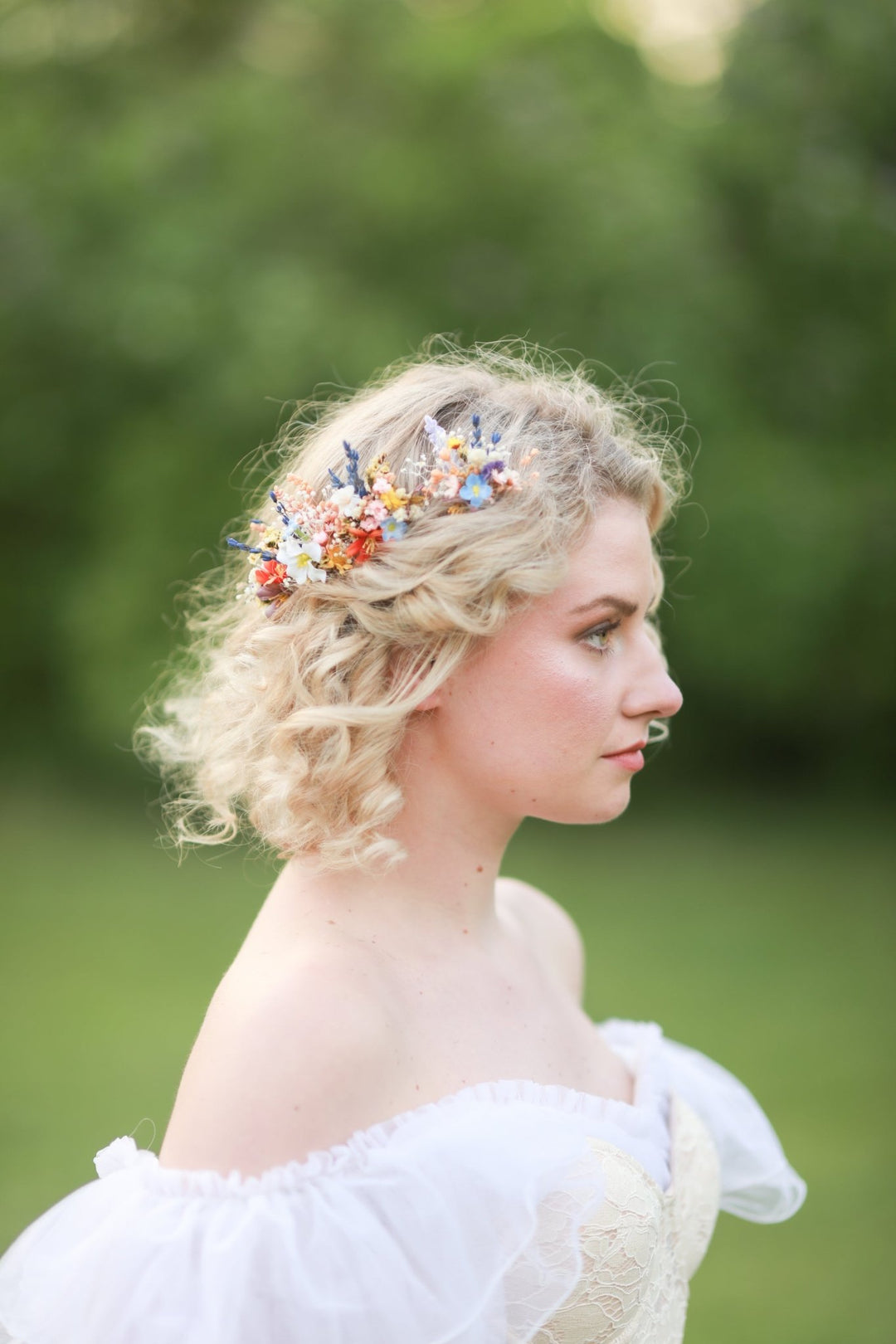 Colorful Wildflower Bridal Hair Pins with Orange, Blue and Purple Meadow Blooms – handmade floral hair accessory by magaela
