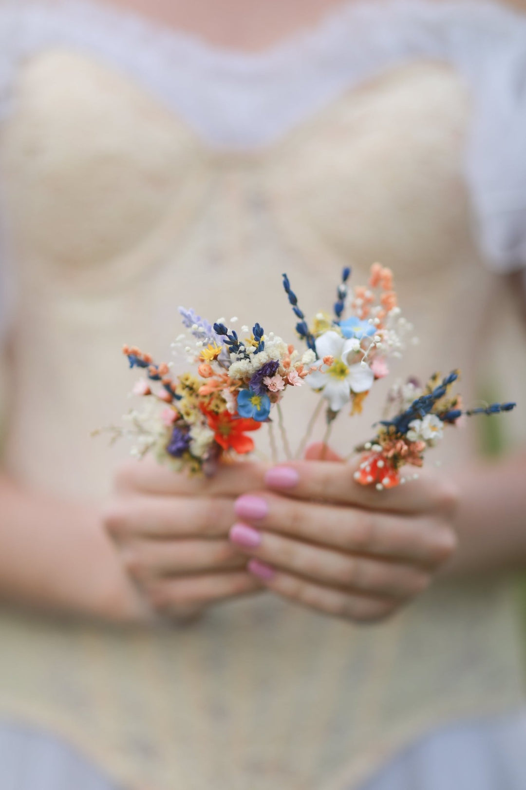 Colorful Wildflower Bridal Hair Pins with Orange, Blue and Purple Meadow Blooms – handmade floral hair accessory by magaela