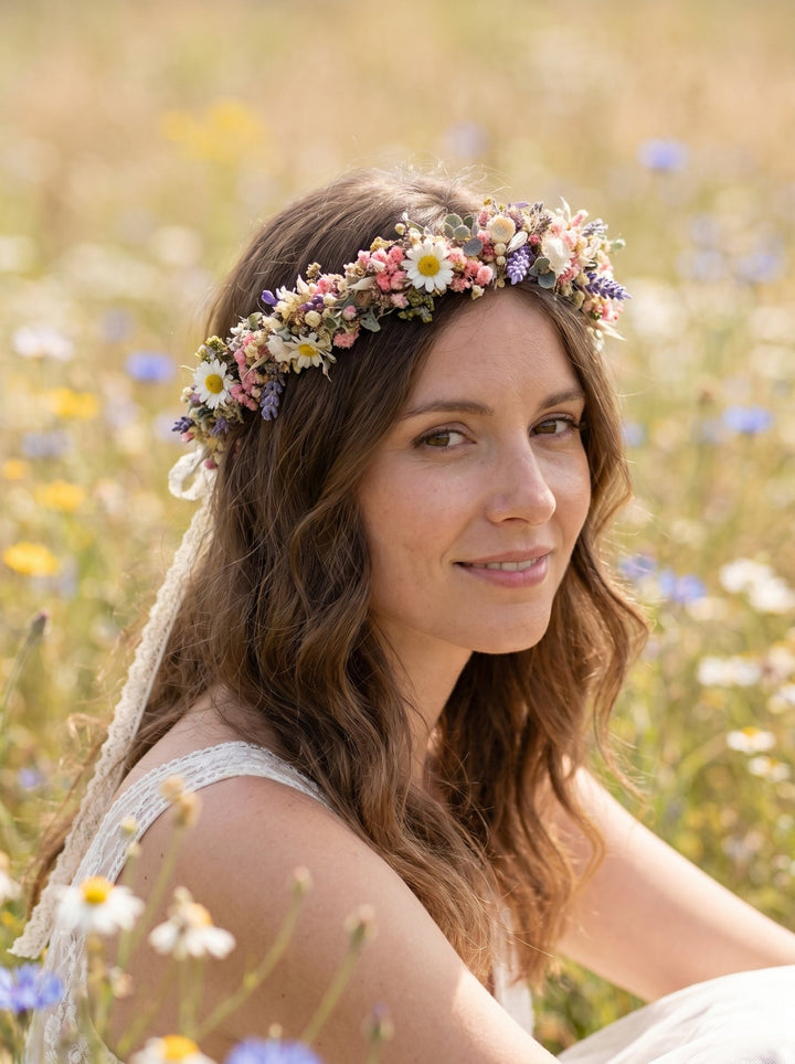 Wildflower Bridal Half Wreath: Lavender Daisy Boho Headpiece – handmade floral hair accessory by magaela
