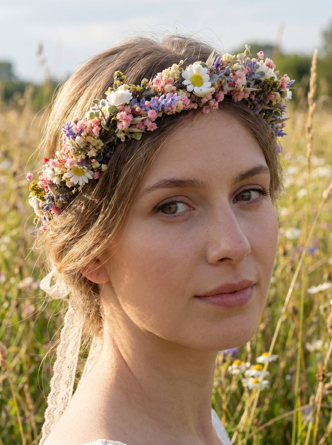 Wildflower Bridal Half Wreath: Lavender Daisy Boho Headpiece – handmade floral hair accessory by magaela