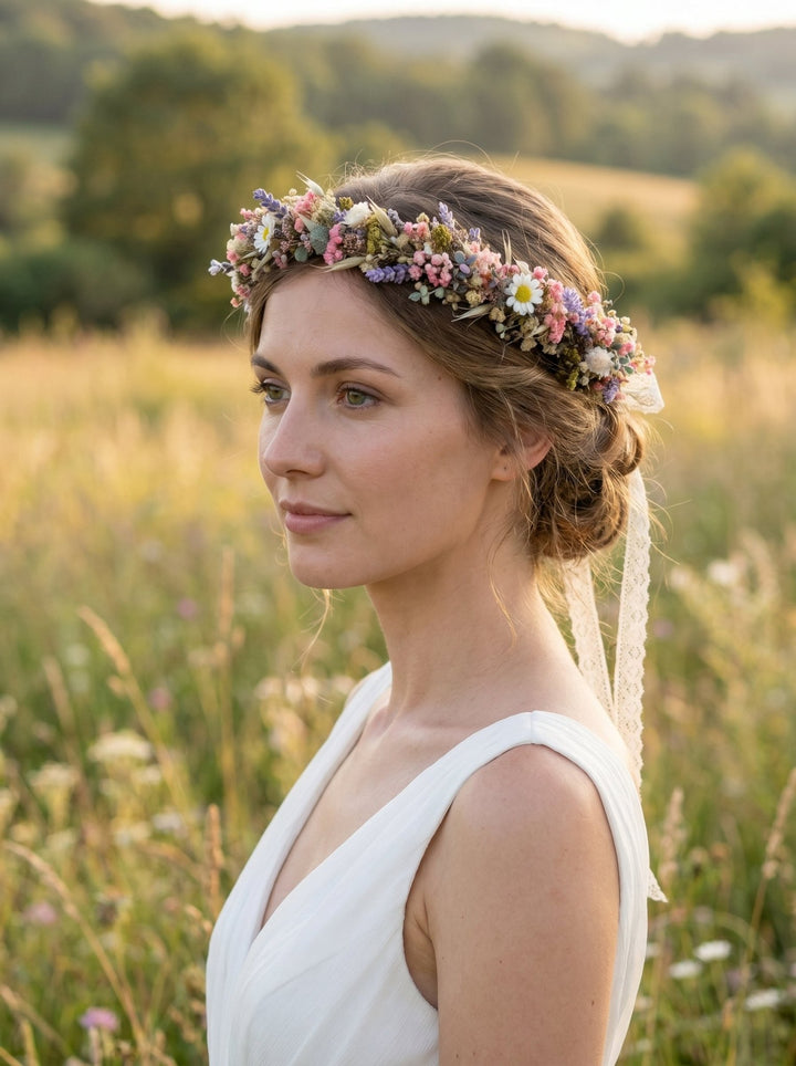 Wildflower Bridal Half Wreath: Lavender Daisy Boho Headpiece – handmade floral hair accessory by magaela