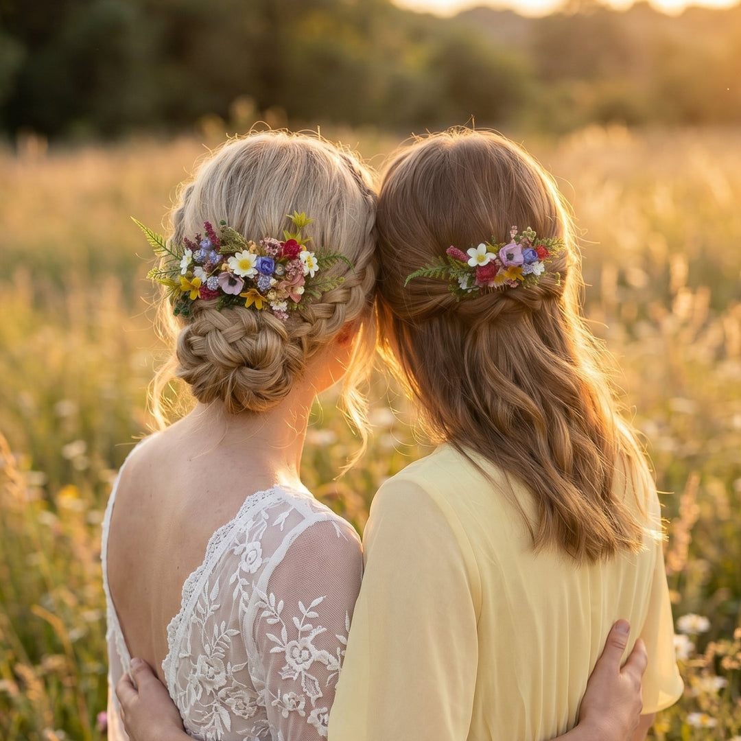 Two women - bride and bridesmaid -standing in a field with flower wildflowers hair comb  in their hair, embracing.