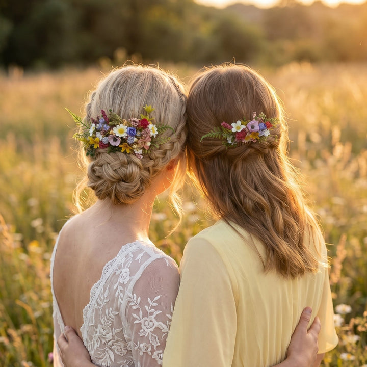 Two women - bride and bridesmaid -standing in a field with flower wildflowers hair comb  in their hair, embracing.