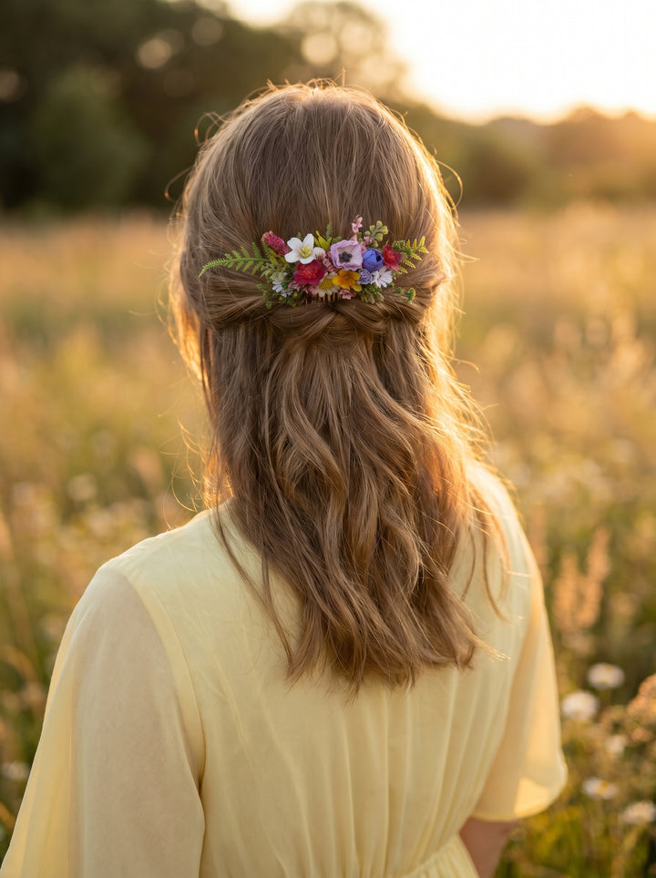 Bridesmaid with floral hair accessory standing in a field at sunset
