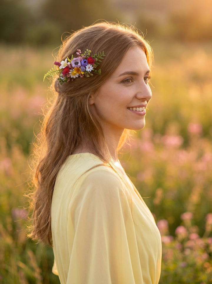 Bridesmaid with a floral meadow hair comb and pastel yellow dress in a field of flowers during sunset