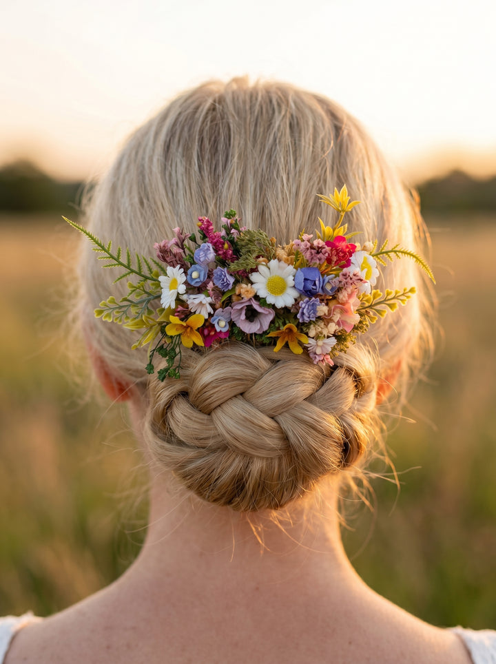 Bride with braided hair adorned with colorful flower hair comb a blurred natural background