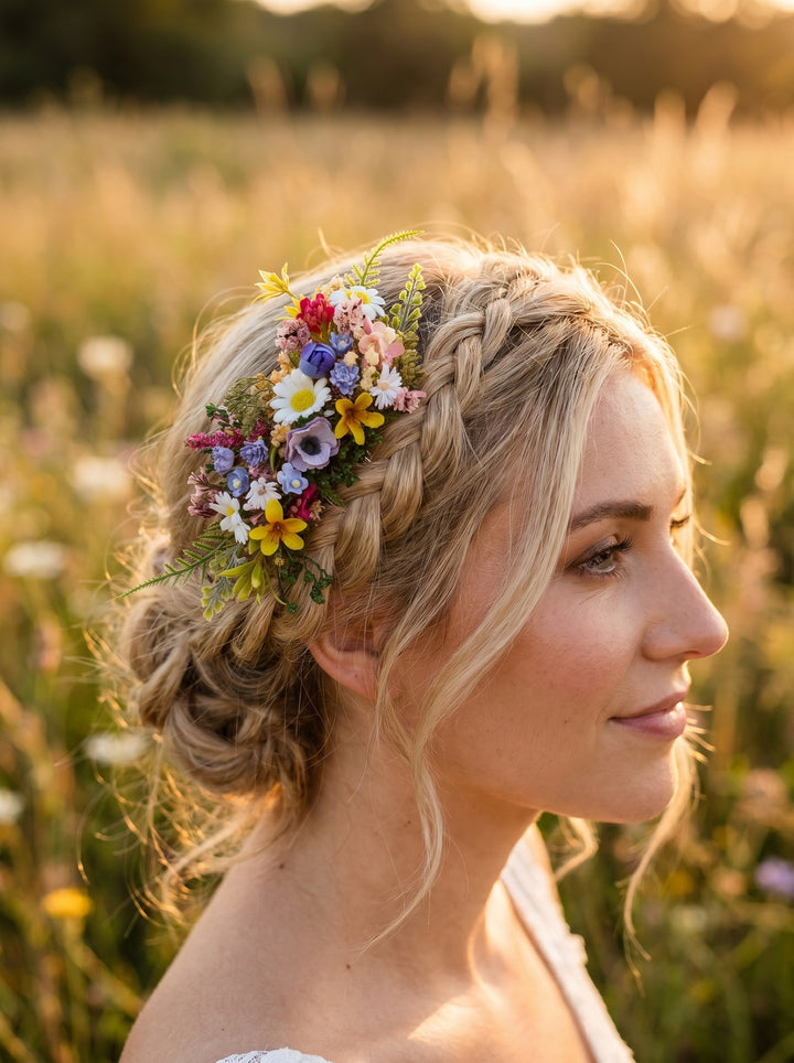 Bride with braided hair adorned with colorful  wild flowers hair comb  in a field