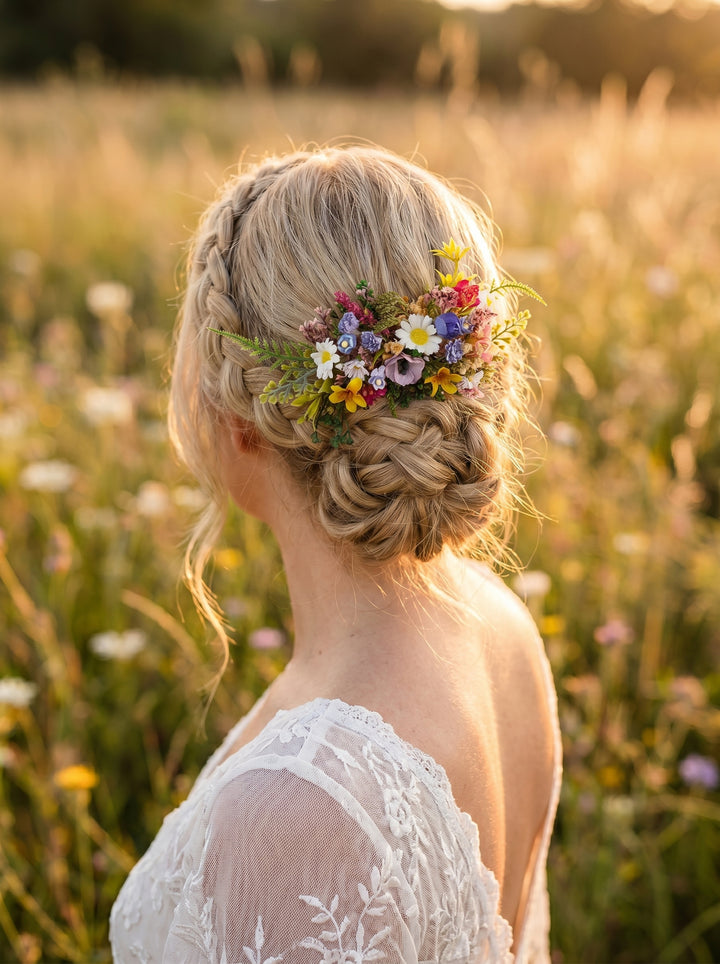 Bride with braided hair adorned with flower meadow hair comb  in a field