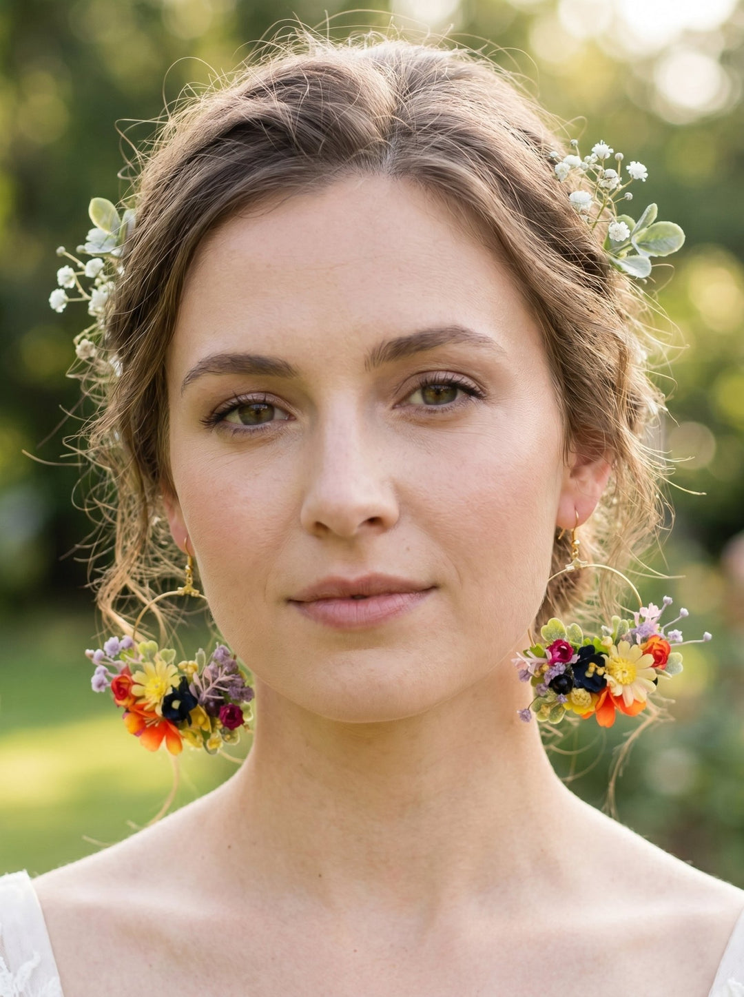 Tiny Floral Hoop Earrings – Colorful Boho Wedding Jewelry – handmade floral hair accessory by magaela