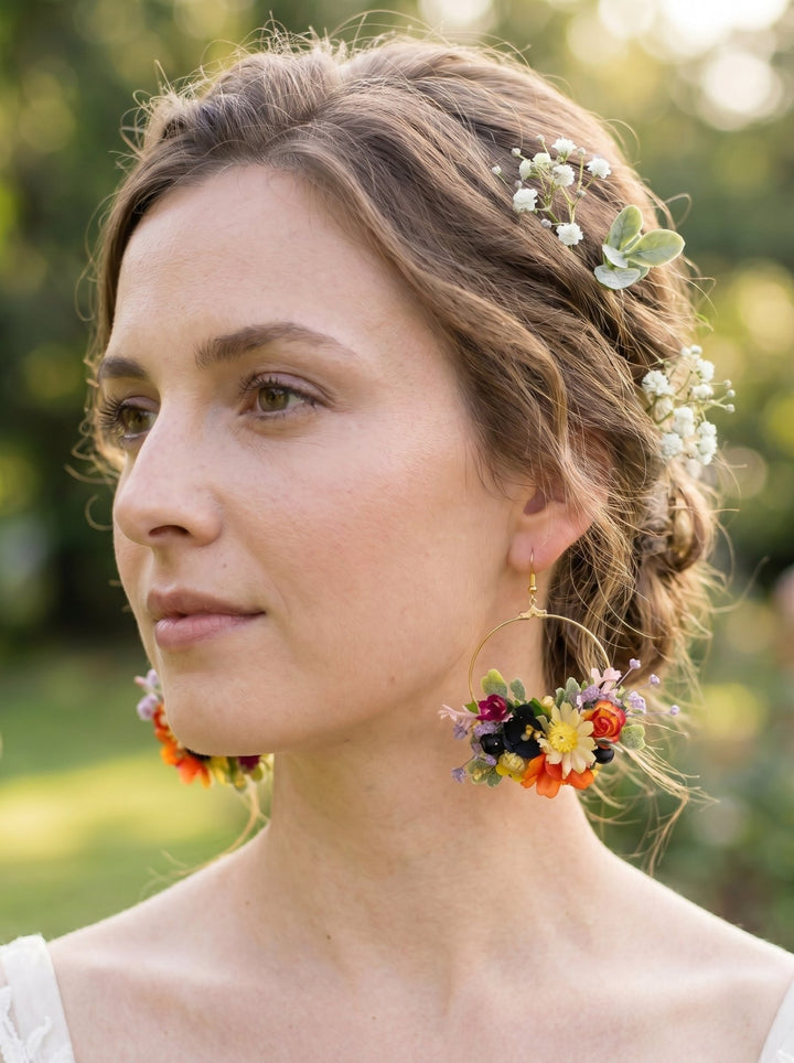 Tiny Floral Hoop Earrings – Colorful Boho Wedding Jewelry – handmade floral hair accessory by magaela