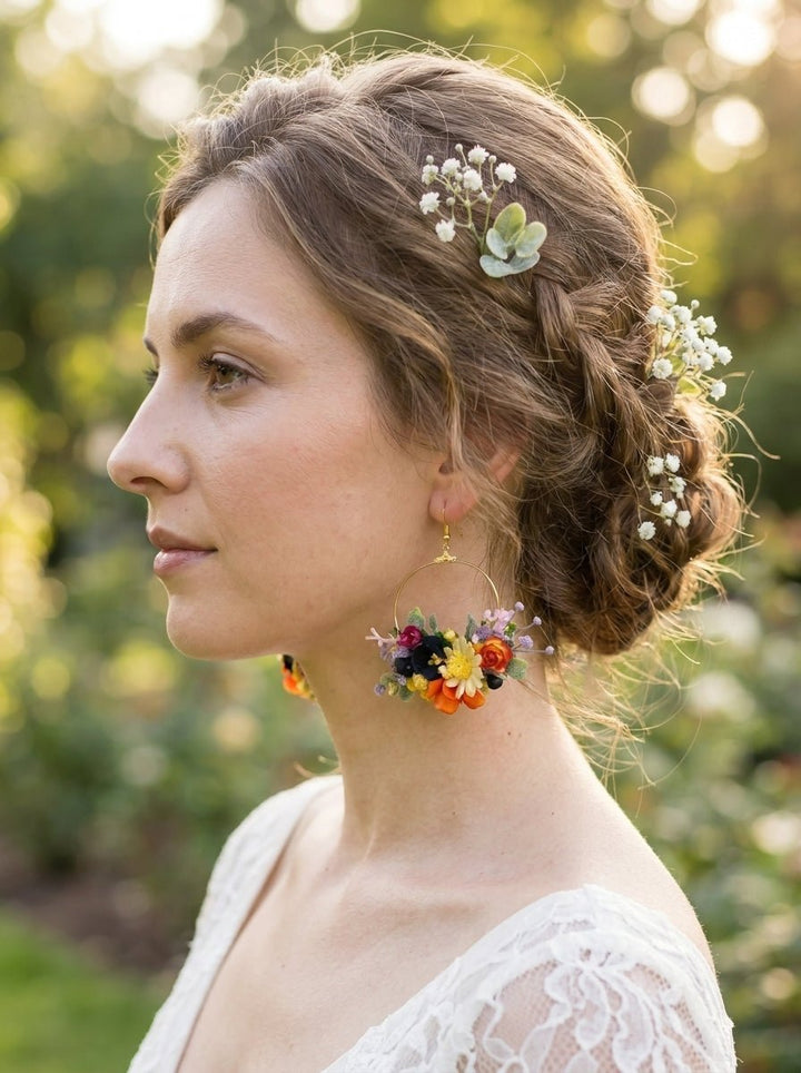 Tiny Floral Hoop Earrings – Colorful Boho Wedding Jewelry – handmade floral hair accessory by magaela