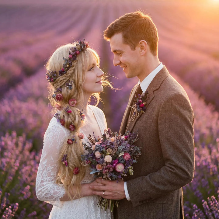 Wildflower Meadow Dried Bridal Set – Bouquet, Flower waterfall, Crown, Boutonniere and Hair Pins | Lavender & Dusty Rose Wedding – handmade floral hair accessory by magaela