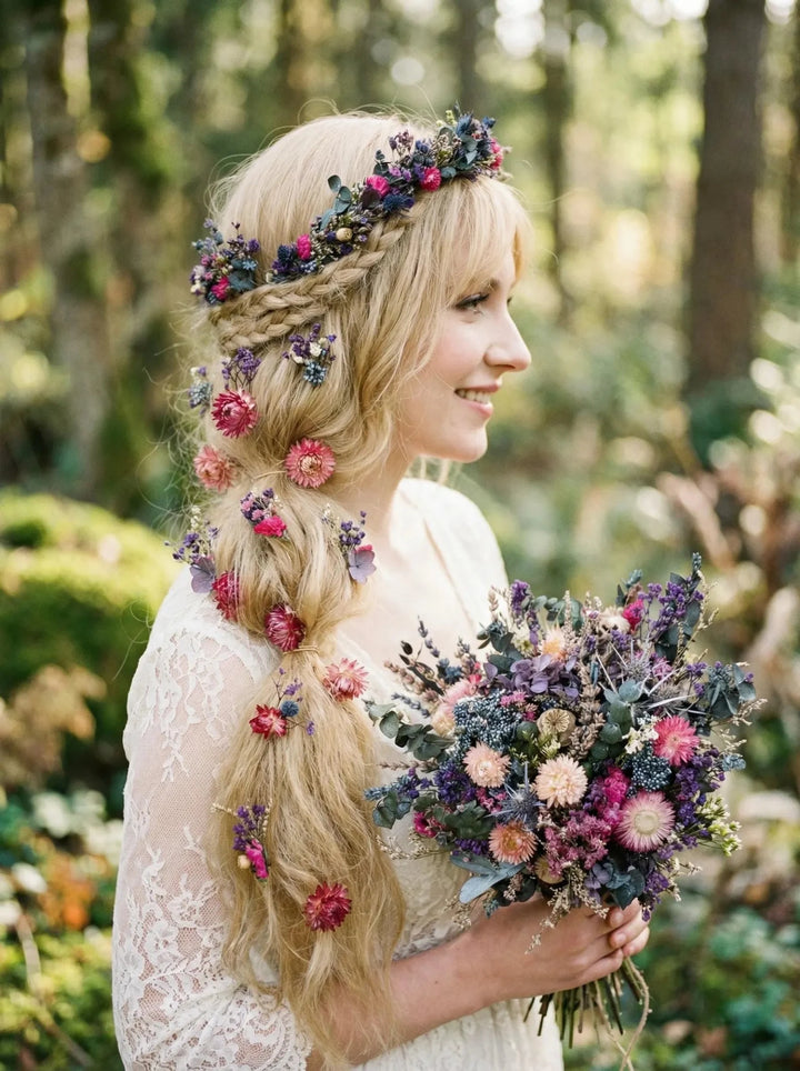 Wildflower Meadow Dried Bridal Set – Bouquet, Flower waterfall, Crown, Boutonniere and Hair Pins | Lavender & Dusty Rose Wedding – handmade floral hair accessory by magaela