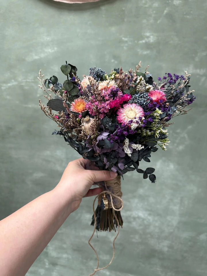 Wildflower Meadow Dried Bridal Set – Bouquet, Flower waterfall, Crown, Boutonniere and Hair Pins | Lavender & Dusty Rose Wedding – handmade floral hair accessory by magaela
