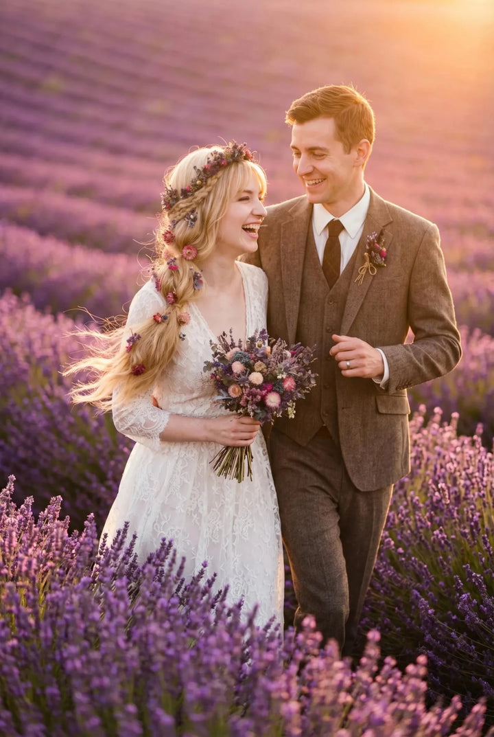 Wildflower Meadow Dried Bridal Set – Bouquet, Flower waterfall, Crown, Boutonniere and Hair Pins | Lavender & Dusty Rose Wedding – handmade floral hair accessory by magaela