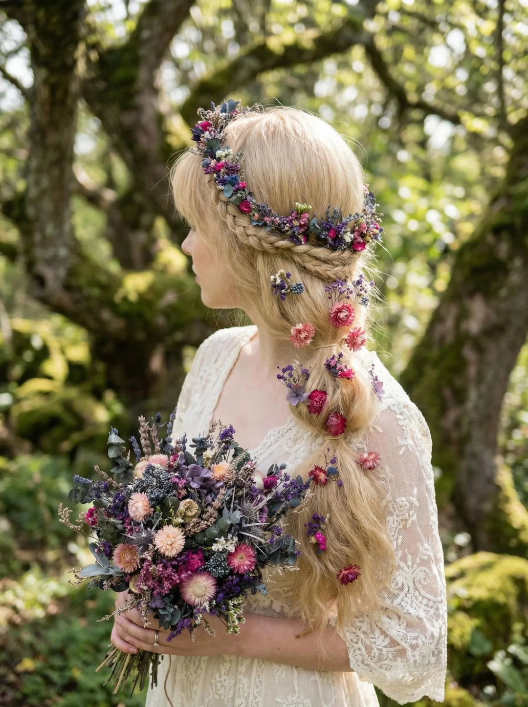 Wildflower Meadow Dried Bridal Set – Bouquet, Flower waterfall, Crown, Boutonniere and Hair Pins | Lavender & Dusty Rose Wedding – handmade floral hair accessory by magaela