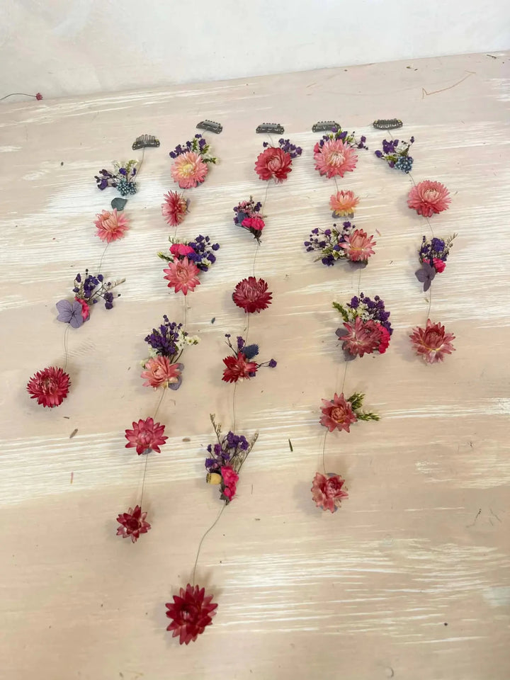 Wildflower Meadow Dried Bridal Set – Bouquet, Flower waterfall, Crown, Boutonniere and Hair Pins | Lavender & Dusty Rose Wedding – handmade floral hair accessory by magaela